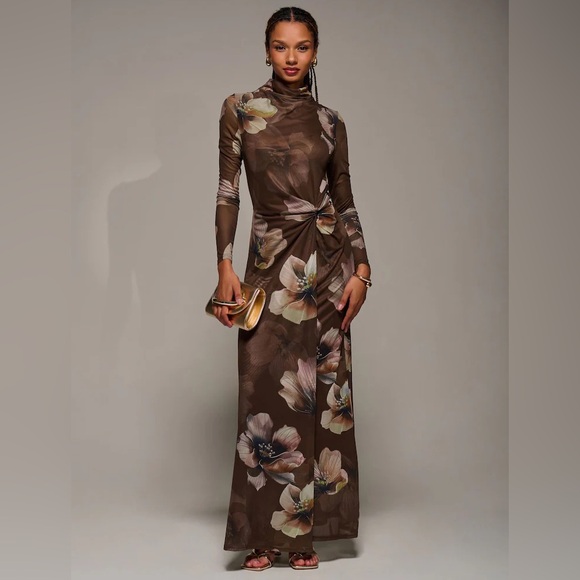 Jolie Dresses & Skirts - Jolie Moi Brown High Neck Long Sleeve Mesh Maxi Dress